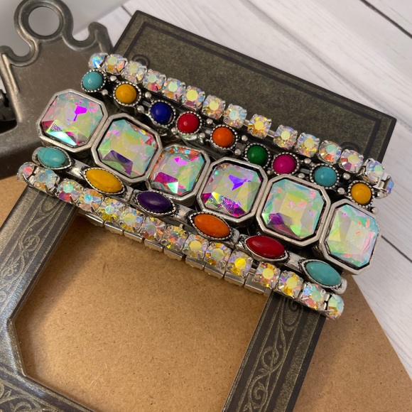 Set of 5 stackable bracelets in shimmering crystal and multi colored gems - Picture 7 of 16